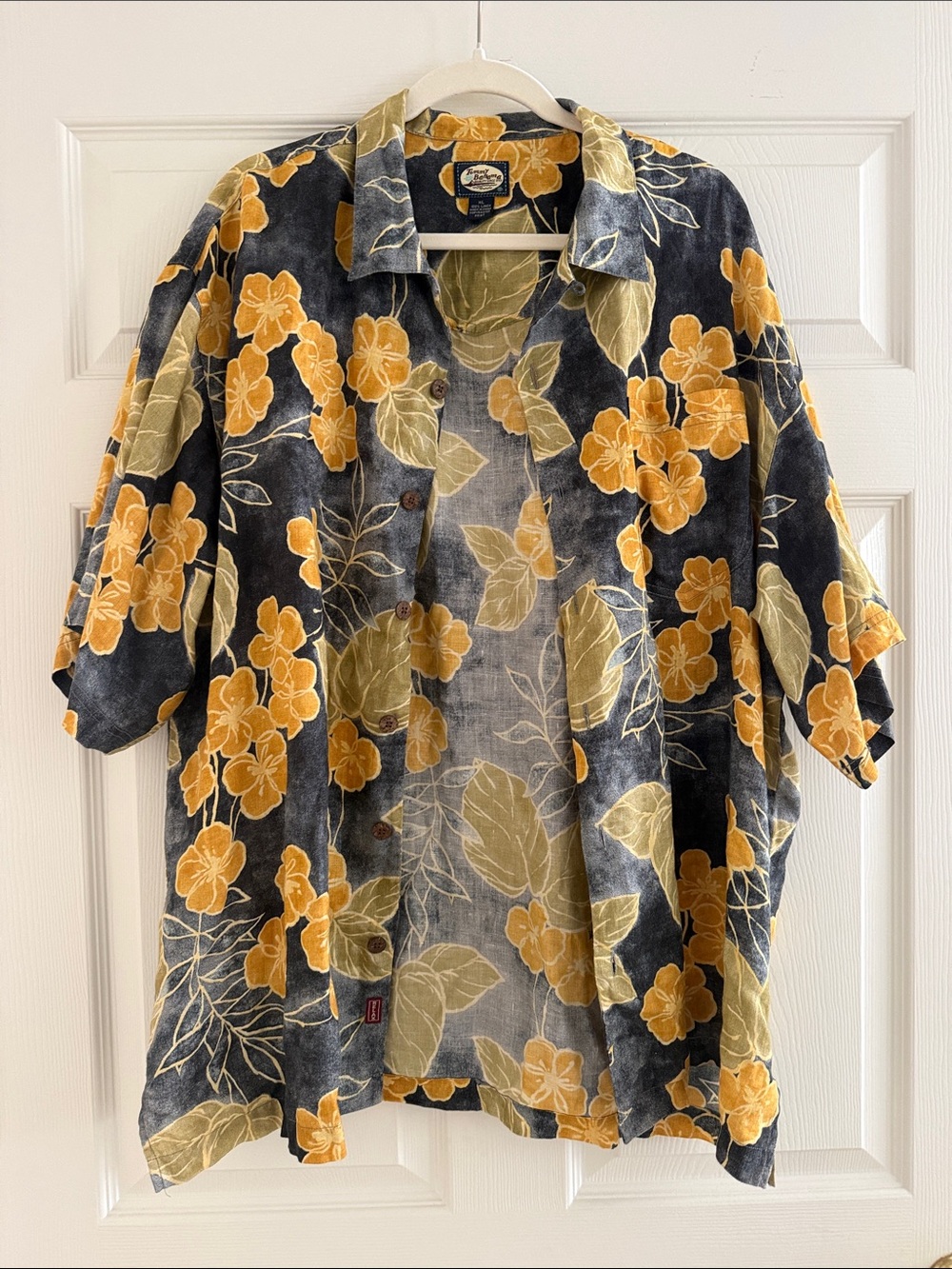 Vintage Tommy Bahama Linen Floral Hawaiian Shirt in Yellow & Olive on Black